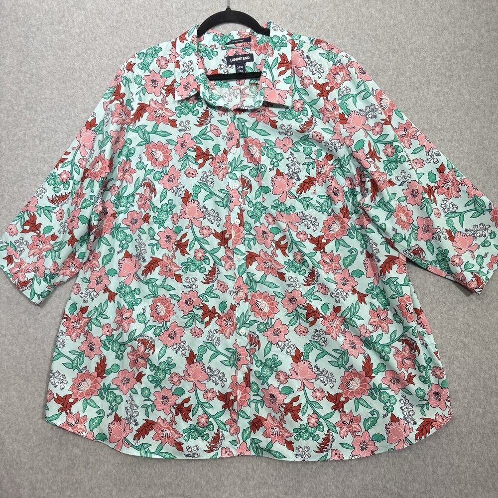 Lands' End No Iron Supima Cotton Button Up Shirt Women's 26W Floral Colorful